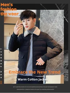 Detail of men's winter jacket showing soft white shearling collar and black windproof fabric