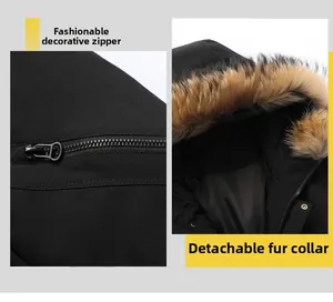 Detail view of the winter parka featuring decorative zippers and a detachable fur collar