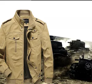 Detailed view of khaki military jacket with shoulder epaulettes and classic stand collar