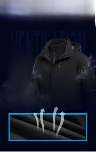 Detail showing the breathable multi-layer composite fabric structure of the black outdoor jacket