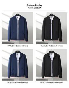 Detail view of striped ribbed cuffs and baseball collar on men's winter padded jackets