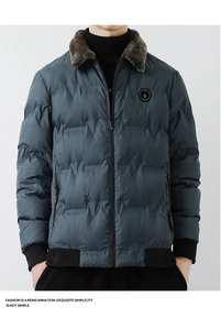 Detail of men's winter puffer jacket with brown faux fur collar and quilted texture