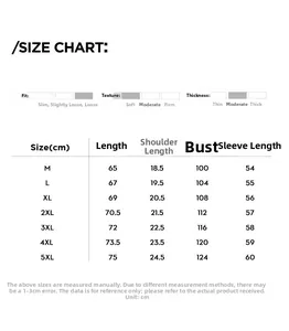 Detailed size chart for men's loose cotton sweatshirt showing measurements from M to 5XL