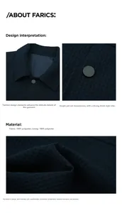 Detail of navy waffle textured jacket showing 100% polyester fabric and snap buttons