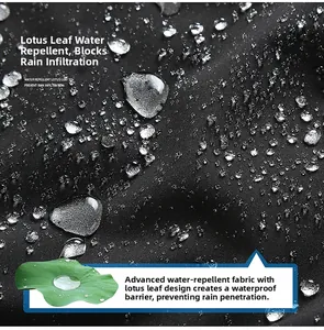 Macro shot of waterproof black fabric with lotus leaf bionic tech and clear water beads