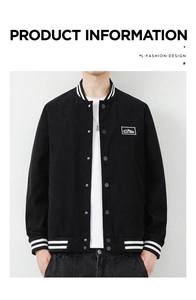 Detailed embroidery logo and ribbed collar texture of a black corduroy jacket