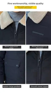 Detail view of winter quilted jacket featuring a faux shearling collar and metal zipper