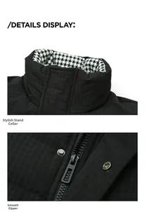 Detail of men's winter jacket showing houndstooth stand collar and smooth metal zipper