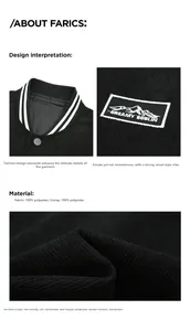 Detail of black baseball jacket featuring striped rib collar and mountain logo embroidery