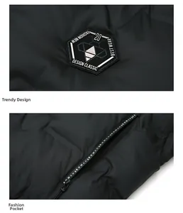 Detail of black puffer jacket showing a hexagon fashion patch and zippered side pocket