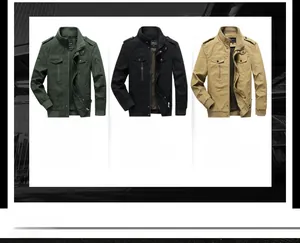 Three-color horizontal display of military cotton work jackets with multiple utility pockets