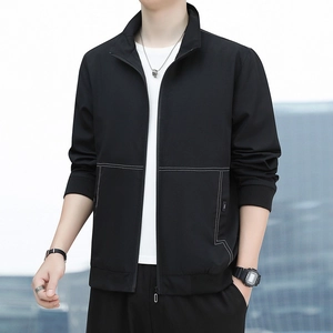 Men's black zip-up cargo jacket with white contrast stitching and a stand-up collar