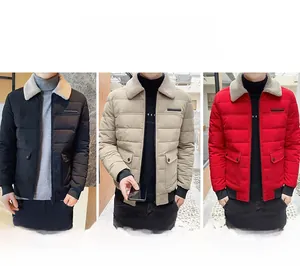 Men's winter casual jacket detail showing black, khaki, and red styles with fleece collar
