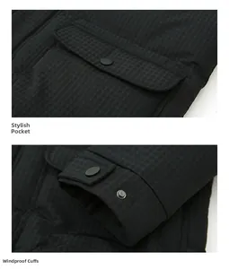 Detail view of black plaid winter jacket showing pocket with flap and windproof cuffs