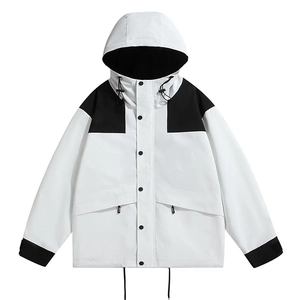 Men's hooded windbreaker jacket with black and white color block design and adjustable drawstring