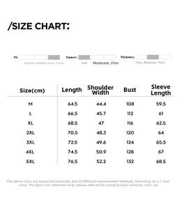 Size chart table for corduroy jacket showing measurements from size M to 5XL for men