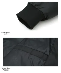 Detail view of men's puffer jacket showing elastic ribbed cuffs and side pockets