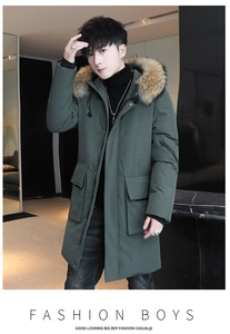 Detail of a dark green parkas jacket featuring a large faux fur collar and flap pockets