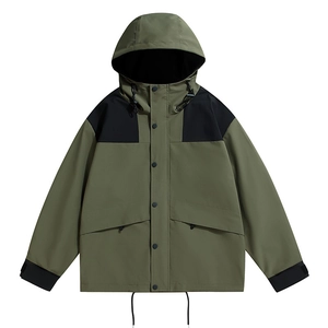Men's hooded windbreaker jacket in army green and black contrast with drawstring hood