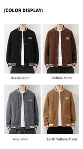 Detailed grid view of corduroy baseball jackets in black, coffee, grey, and yellow colors