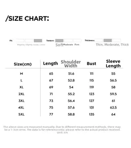 Detailed size chart for men's casual jacket showing measurements from M to 5XL