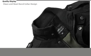 Detail of black cotton jacket featuring a ribbed stand collar and shoulder epaulettes