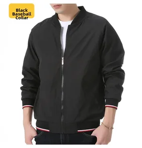 Detail of black baseball collar jacket featuring striped ribbed cuffs and metal zipper