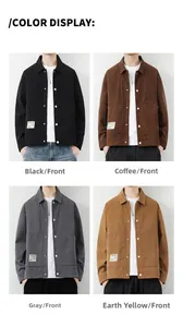 Detail view of corduroy jackets in four colors showing ribbed texture and button closure