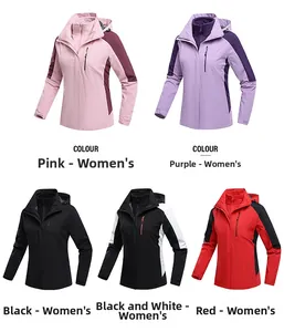 Selection of women's 3-in-1 waterproof jackets in pink, purple, black, and red colors