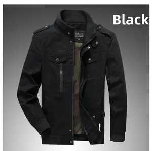 Detail of men's black military cotton jacket with ribbed collar, epaulets, and metal zippers