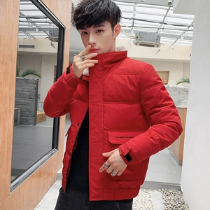 Men's winter red puffer jacket with warm fleece collar and cargo pockets in short style