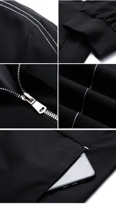 Vue détaillée de veste noire pour hommes avec poignets côtelés, zip argenté et surpiqûres