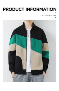 Detail of color-block stand collar jacket with ribbed cuffs and metallic zipper closure