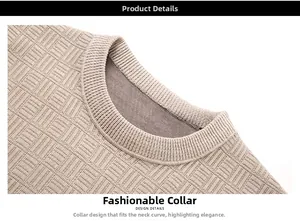 Détail du col rond côtelé et de la maille gaufrée sur un pull chaud en chenille beige