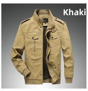 Detail of khaki cotton utility jacket showing stand collar and double chest flap pockets