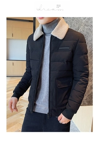 Close-up of men's quilted winter jacket with warm sherpa collar and functional pockets