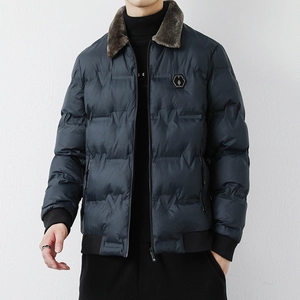 Men's navy blue quilted winter jacket with brown faux fur collar and windproof ribbed cuffs
