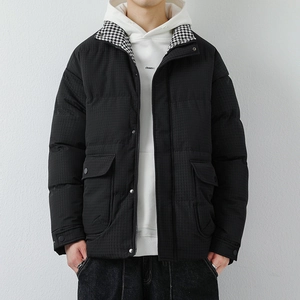 Men Fashion Padded Jacket Winter Thick Stand Collar Houndstooth Lining Polyester Quilted Outerwear Coat With Large Pockets