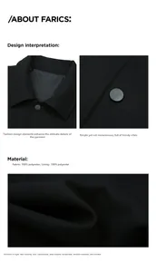 Detailansicht der schwarzen Polyesterjacke mit Reverskragen, Metallknöpfen und Köperstruktur