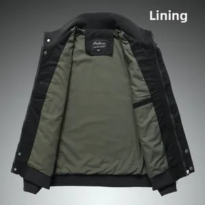 Detail of the men's bomber jacket showing military green lining and fashion brand label
