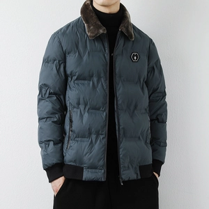 Men winter padded jacket in dark teal with faux fur collar and ribbed cuffs