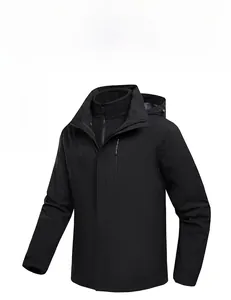 Detailed front view of black outdoor jacket showing inner fleece lining and waterproof fabric