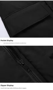 Detail view of large flap pocket with velcro and smooth metal zipper on black winter coat