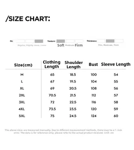 Detailed size chart for men's loose fit sweatshirt showing measurements from M to 5XL