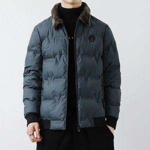 Men's navy blue quilted winter jacket with brown faux fur collar and ribbed cuffs