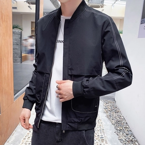 Veste Bomber Homme Surpiqûres Contrastées Style Coréen Décontracté Coupe Large Col Montant Fermeture Éclair Workwear Streetwear