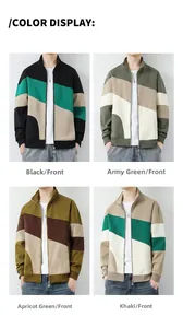 Color options of men's casual stand collar zip-up jackets with geometric patchwork design
