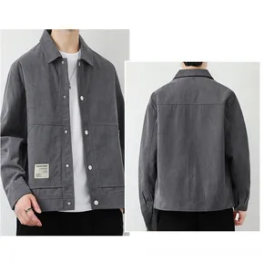 Detailed front and back views of gray corduroy baseball jacket with snap buttons