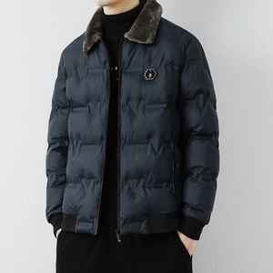 Navy men's quilted winter jacket with faux fur collar and ribbed cuffs for wind protection