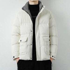 Men's stylish white corduroy winter jacket with houndstooth collar and utility pockets